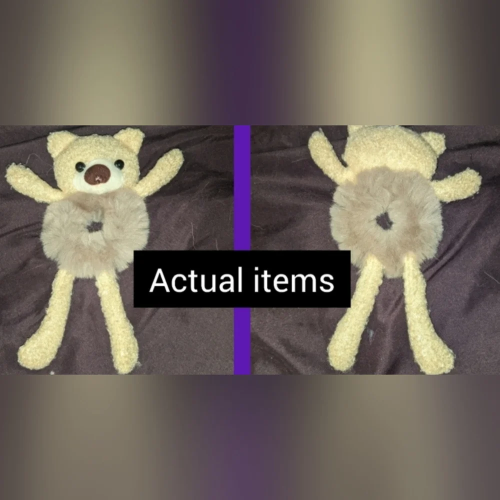Teddy Bear w Fur belly Hair Scrunchie - Khaki